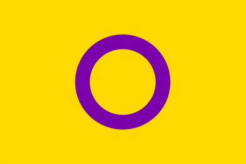 The Intersex Pride Flag, a yellow flag with a purple circle in the middle